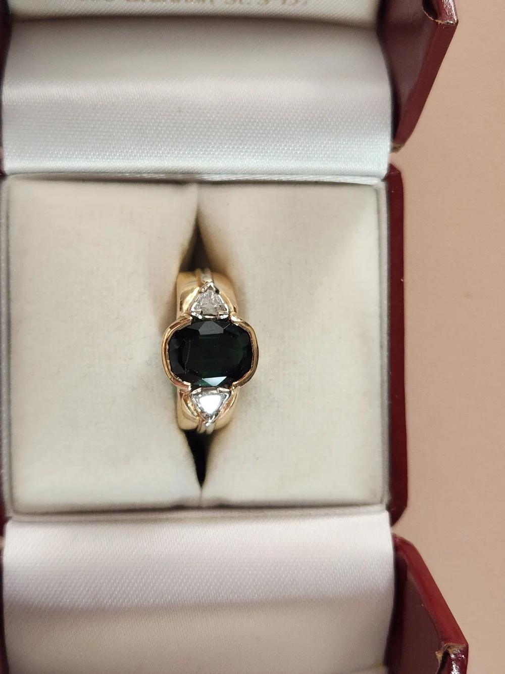 Gold Ring with Deep Green Tourmaline Stone and Trillion Diamond Accents